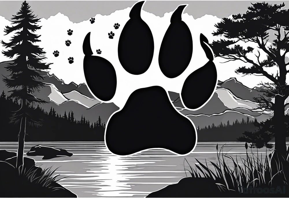I want a large tattoo with a super realistic paw print, within the paw print I want a landscape and I want it to be lifelike texture and shading, especially on the nails. Inside the paw print, there's a detailed nature scene: mountains, a lake, a stream, and southern oak trees with wide canopies like a traditional southern background, and no pine trees. Keep the peeks of the mountains soft. The sun peeks over the mountains, shining and reflecting over the land and water, with realistic shading for depth. Around the paw print, l'd like a splotchy, fading background for a natural, textured look, but without any animals. The overall style should be detailed and realistic, with strong shading and dimension. No color and very realistic in the paw. tattoo idea