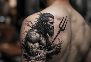 fit poseidon, with trident, in rough water, looking at the horizon tattoo idea