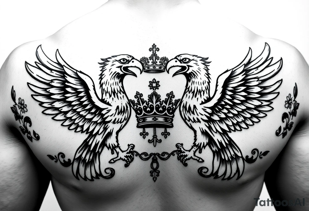 Chest tattoo,powerful two symetrical majestic eagles with a crowns, surrounded by floral ornaments and lure, between eagles a crown tattoo idea