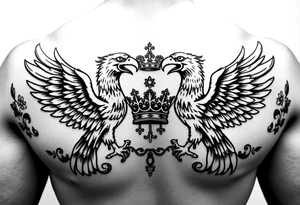 Chest tattoo,powerful two symetrical majestic eagles with a crowns, surrounded by floral ornaments and lure, between eagles a crown tattoo idea