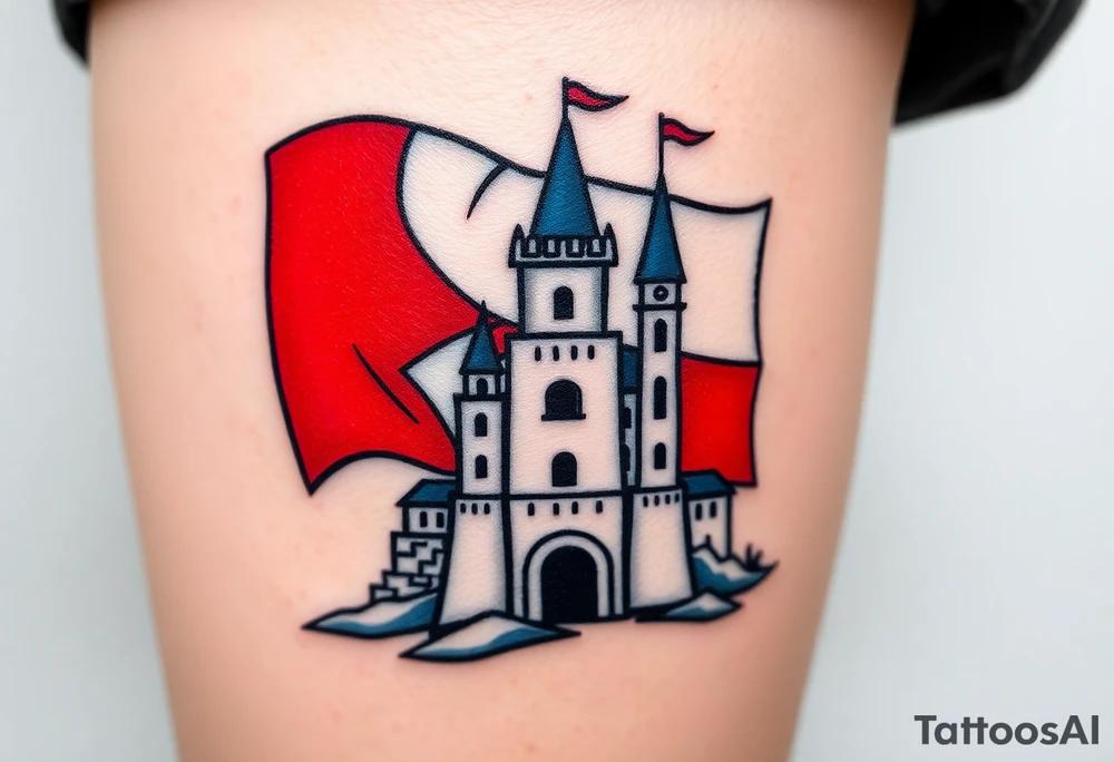 A Czech flag (blue, white up, red down) waving behind a medieval castle tattoo idea
