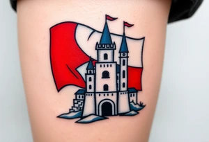 A Czech flag (blue, white up, red down) waving behind a medieval castle tattoo idea