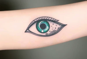 Large outline of an almond shaped eye with an ace of spades for the eyeball colored greenish blue with a crescent moon stars and clouds inside vivid colors blue green purple tattoo idea