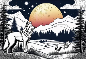 Memorial for a dad. Wolves and big full moon and trees tattoo idea