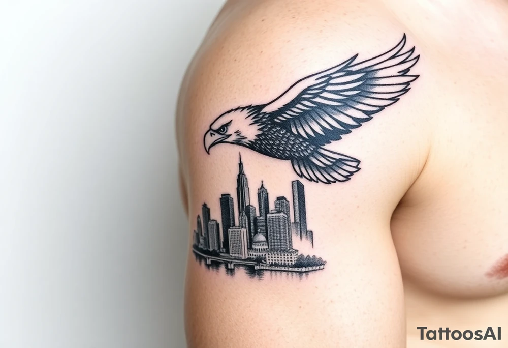 Philadelphia Eagle flying over Philadelphia city skyline faded with a Go Birds under it tattoo idea