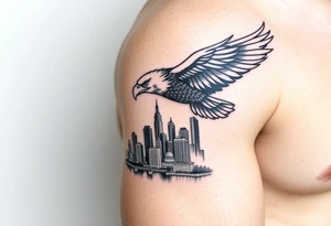 Philadelphia Eagle flying over Philadelphia city skyline faded with a Go Birds under it tattoo idea