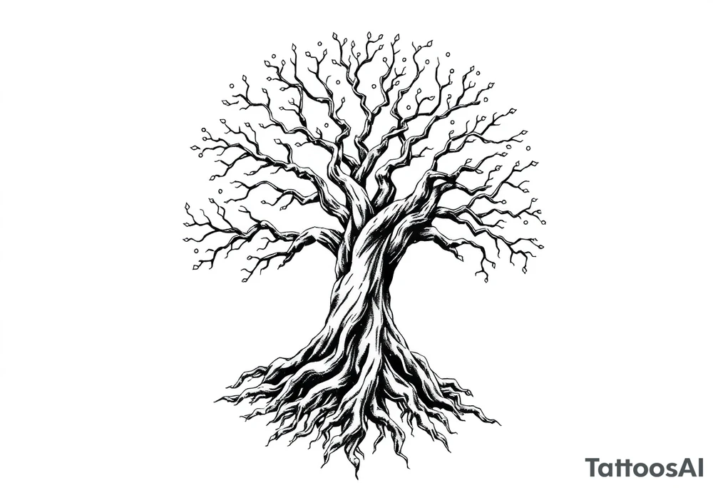 mystical tree of life with cosmic roots and celestial branches tattoo idea
