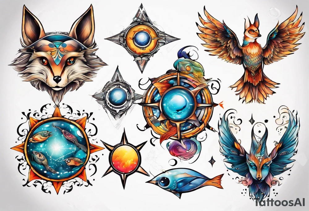 fisch, fuchs und eule , symetrie  sonne, universum, bunt tattoo idea