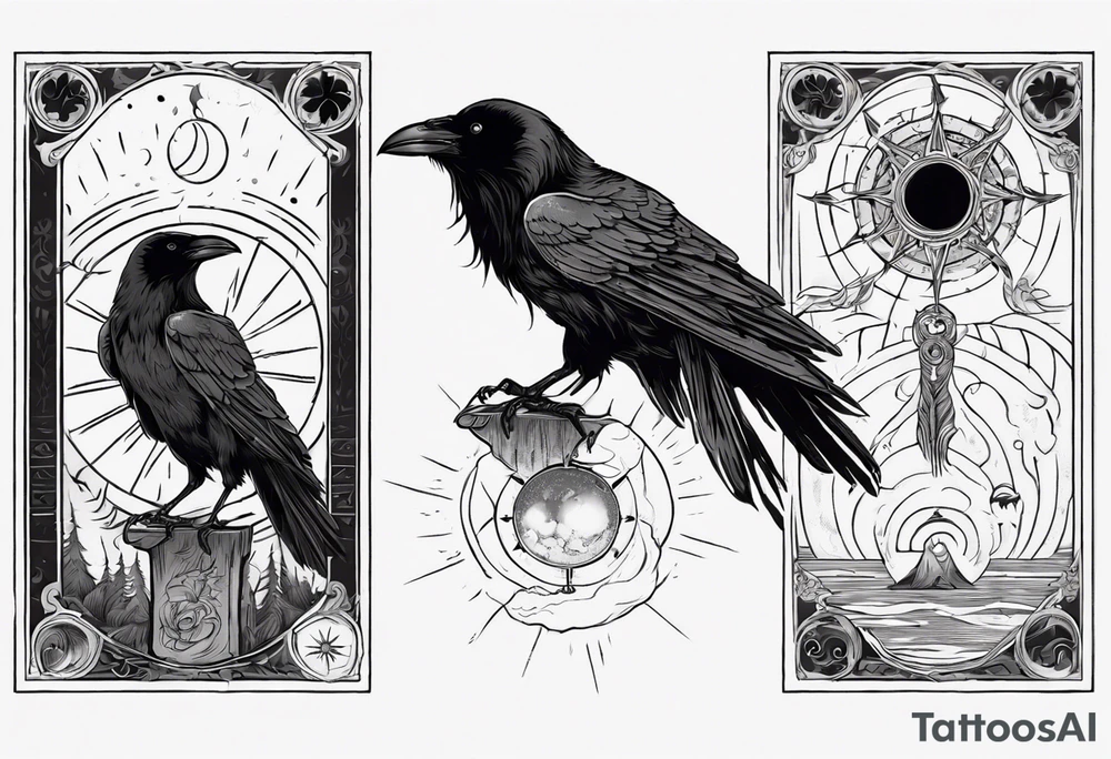 Cunning Raven with the Sun. Vertical Tarot card. tattoo idea
