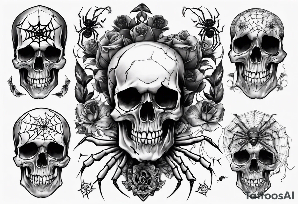 Black skull sleeve tattoo with skulls and spiders tattoo idea Black skull sleeve tattoo with skulls and spiders tattoo idea