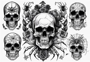 Black skull sleeve tattoo with skulls and spiders tattoo idea