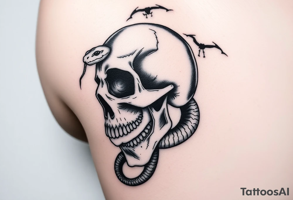 A hyper-realistic Dark Mark, with the snake slithering out of the skull’s open mouth, coiled in a hypnotic pose tattoo idea