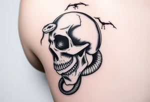 A hyper-realistic Dark Mark, with the snake slithering out of the skull’s open mouth, coiled in a hypnotic pose tattoo idea