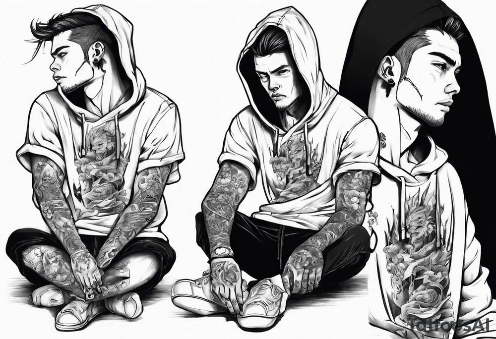 Guy wearing a hoodie sitting. tattoo idea
