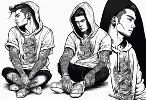 Guy wearing a hoodie sitting. tattoo idea