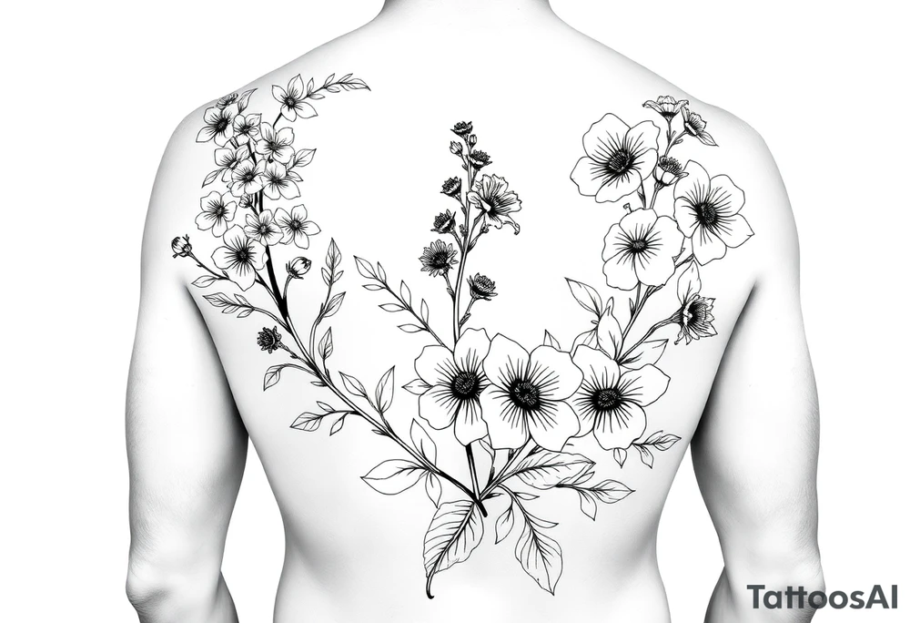 Full sleeve tattoo design of larkspur and hawthorn flowers, highly detailed line art, black ink, elegant botanical style, intertwined composition, no shading, no human mock-up, clean stencil style suitable for tattooing, fit fully within boundaries. LINE ART ONLY, REMOVE HUMAN, NO SKIN tattoo idea