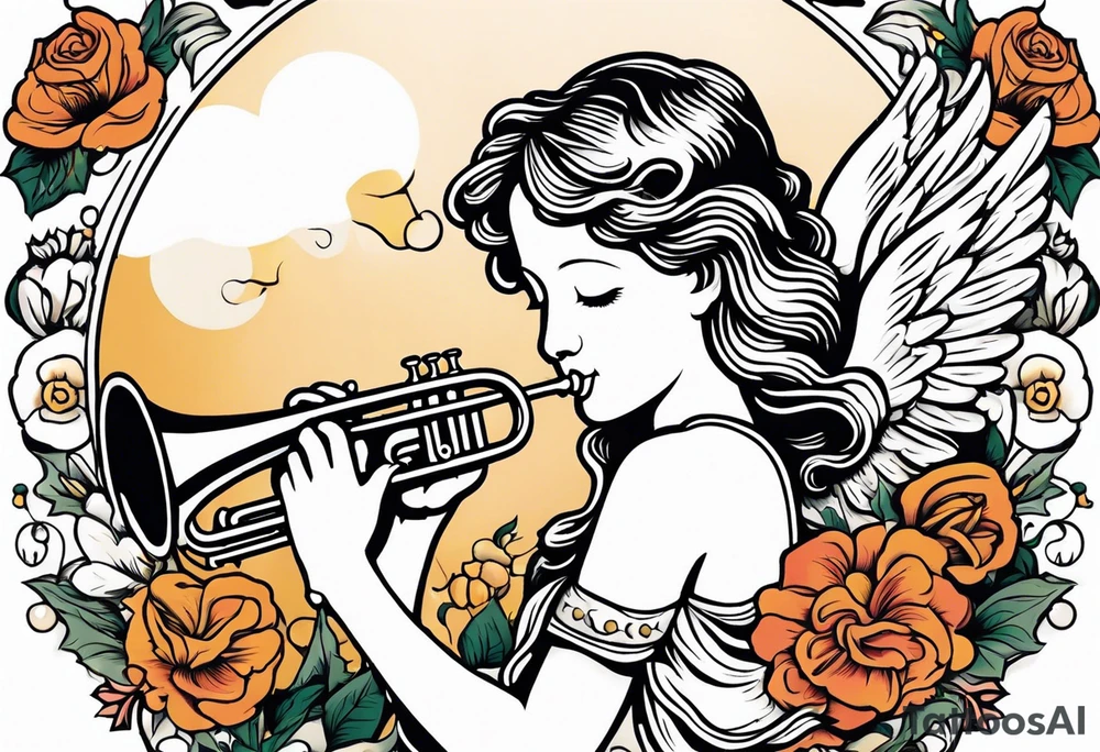 angel with trumpet
old school vintage simple traditional design with vintage flowers surrounding it bold color tattoo idea