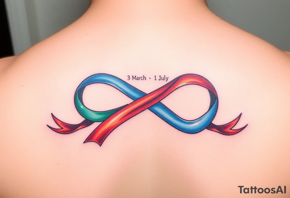 an infinity symbol with 5 colors of ribbons 3 march, 1 october, and 1 july tattoo idea