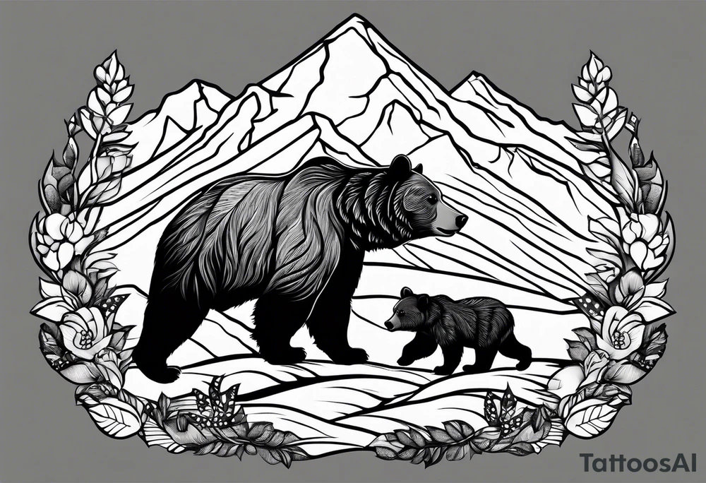 mamma bear and cub with mountains tattoo idea