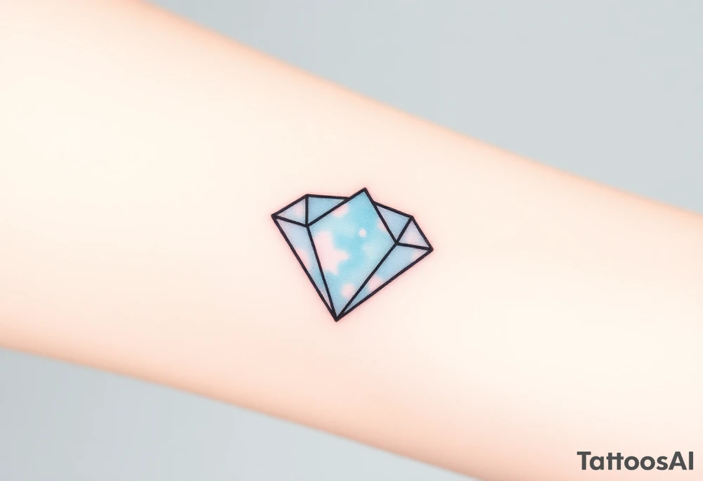 A small, geometric diamond outline with thin black lines, filled with soft gradients of light blue and pale pink, giving the illusion of sparkle and depth. The design is crisp and clean, symbolizing timeless elegance and strength. The colors should be subtle, with the diamond glowing softly in a minimalist style. tattoo idea