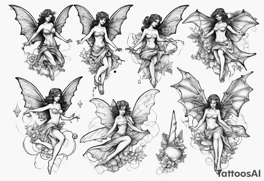 Fairy flying with bat tattoo idea