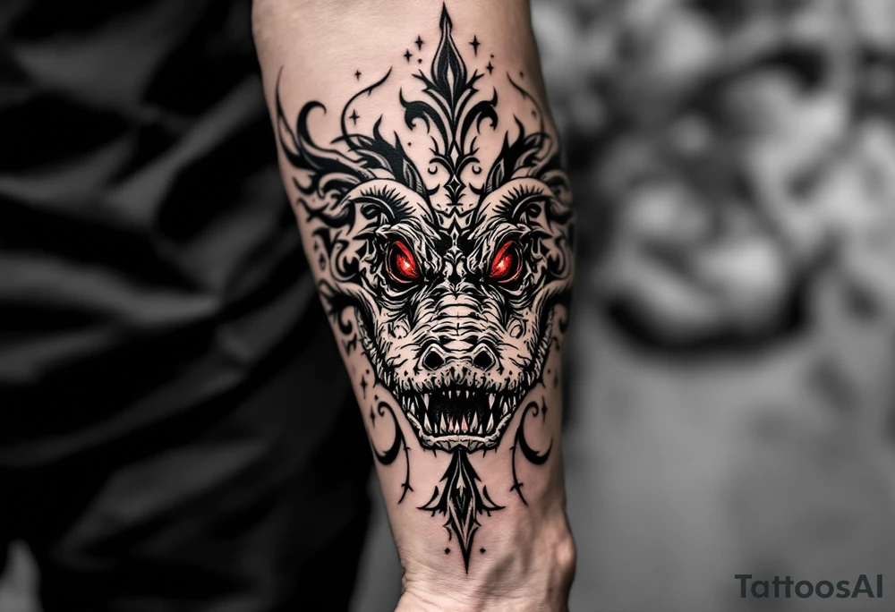 powerful majestic aligator with red eyes, surrounded by death ornaments tattoo idea
