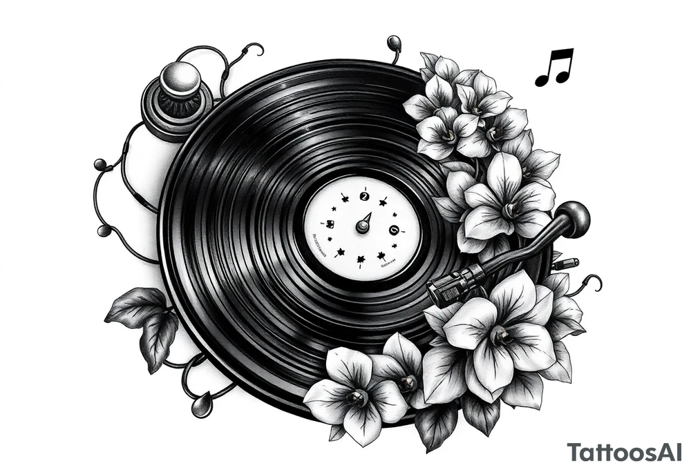 vinyl record player with mushrooms, orchids, and music notes around it tattoo idea