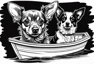 two dogs in a boat. One dog is a chihuahua with big ears. The other dog is a mutt that looks like an australian shepherd tattoo idea