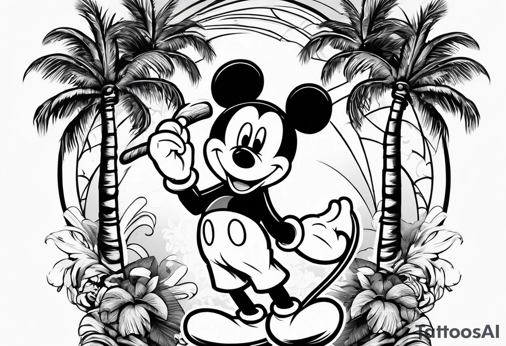 mickey mouse holding sticks with palm trees tattoo idea