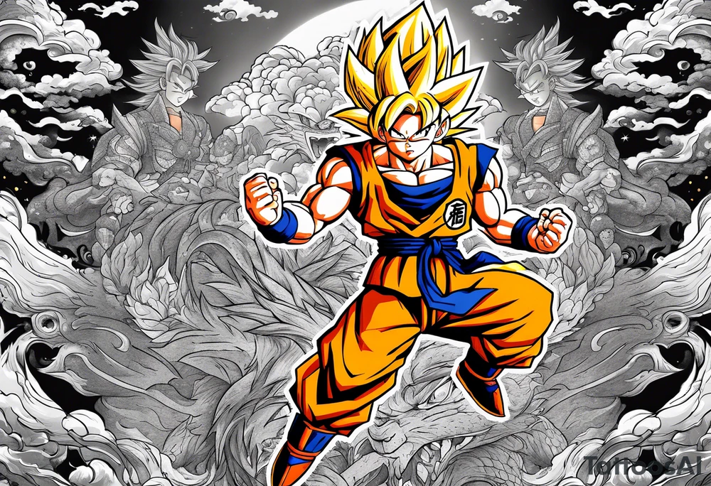 Son-Goku as a super saiyajin . A huge dragonball surrounds the whole scenery. Gokus friends are surrounding him as shadows tattoo idea