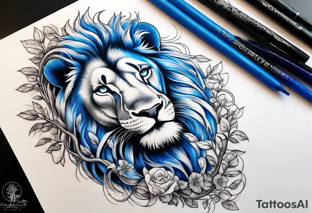 Blue eyed Lion shoulder tattoo with orange tree of life. Then a stream going to a waterfall at the bottom tattoo idea