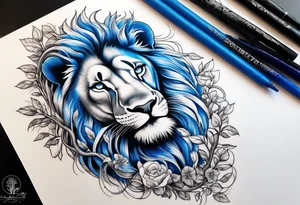 Blue eyed Lion shoulder tattoo with orange tree of life. Then a stream going to a waterfall at the bottom tattoo idea