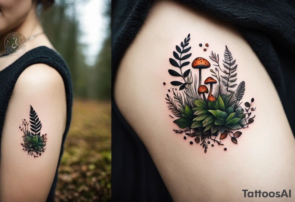 minimalistic forest floor inspired tattoo, which includes grass, moss, curly ferns and dead leaves as the bulk of the tattoo. details to include: forest berries, couple of very small brown mushrooms, a tiny bumblebee flying nearby tattoo idea