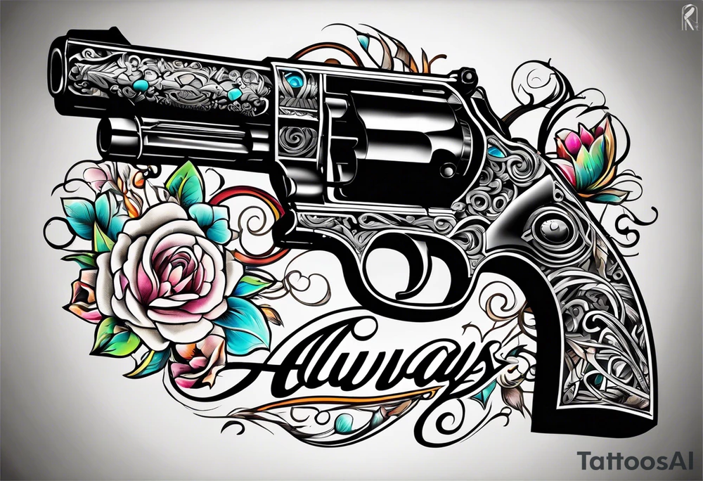 The letters AR with a pistol on each side and the word always on the top and ready on the bottom tattoo idea