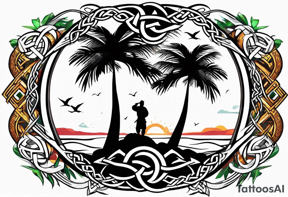 martial arts, palm trees and the celtic symbol for family tattoo idea