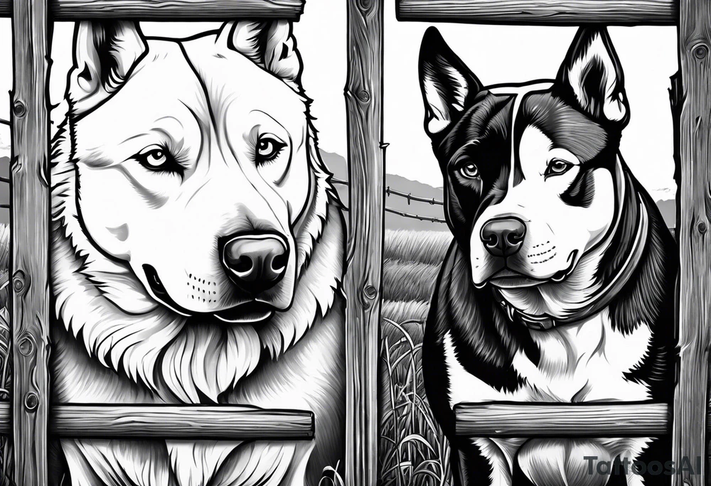 husky and pitbull looking through farm fence into cow field tattoo idea