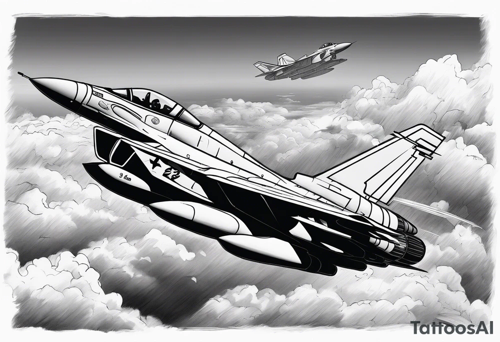 Fighter jet in the clouds with the date 09-07-2023 tattoo idea
