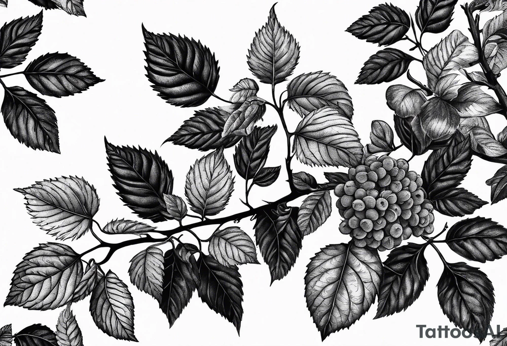 a long raspberry branch with lots of leaves and no shading tattoo idea