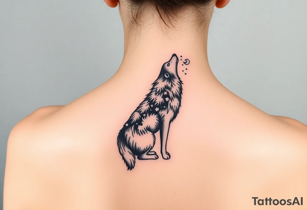 Lone wolf howling at the moon stars in the night sky in a forest with a little dove in the sky tattoo idea