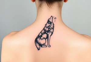 Lone wolf howling at the moon stars in the night sky in a forest with a little dove in the sky tattoo idea