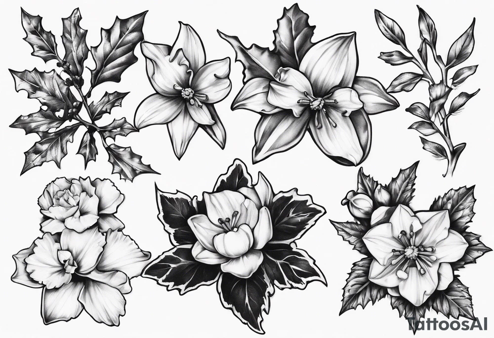 OAKLEE with Narcissus and holly flowers tattoo idea