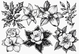OAKLEE with Narcissus and holly flowers tattoo idea