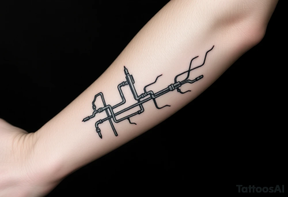 long System of pipes that transitions and transforms into veins of forearm tattoo idea