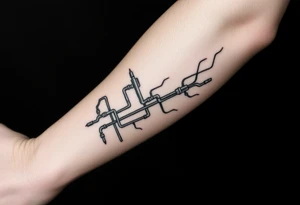 long System of pipes that transitions and transforms into veins of forearm tattoo idea