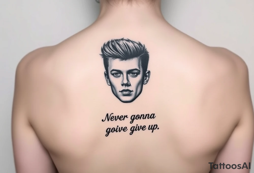 Young Rick Astley Face with Never Gonna Give You Up text tattoo idea
