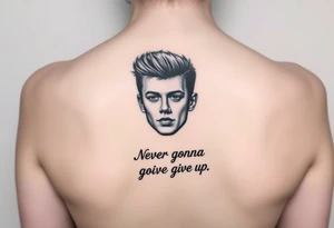 Young Rick Astley Face with Never Gonna Give You Up text tattoo idea