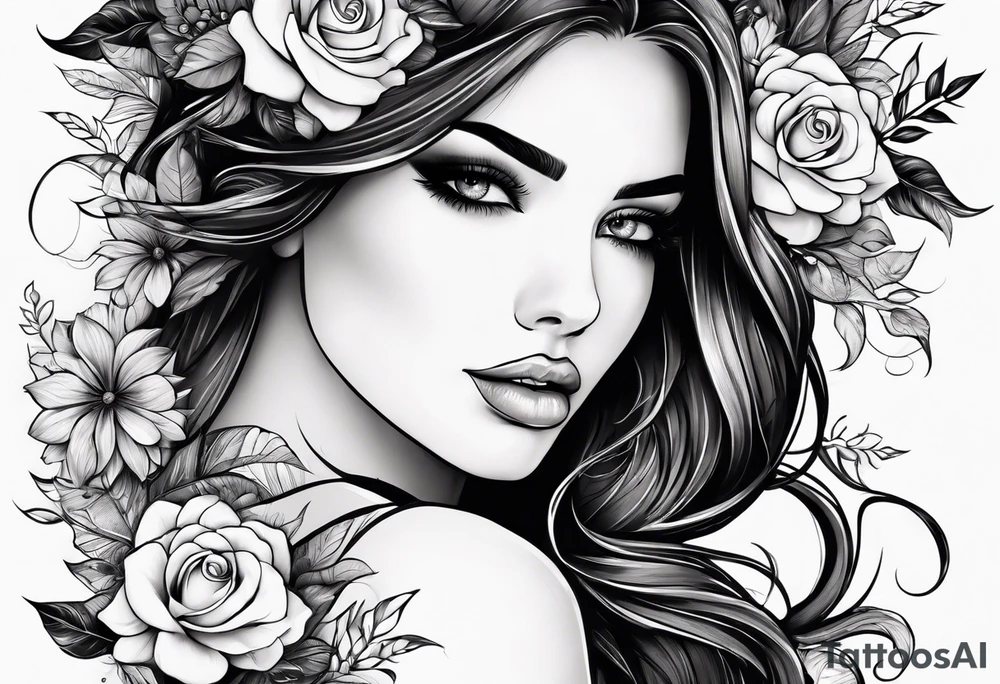 Rosto de mulher, e cabelos longos voando com traços finos e florais com folhas delicados tattoo idea