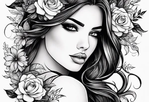 Rosto de mulher, e cabelos longos voando com traços finos e florais com folhas delicados tattoo idea