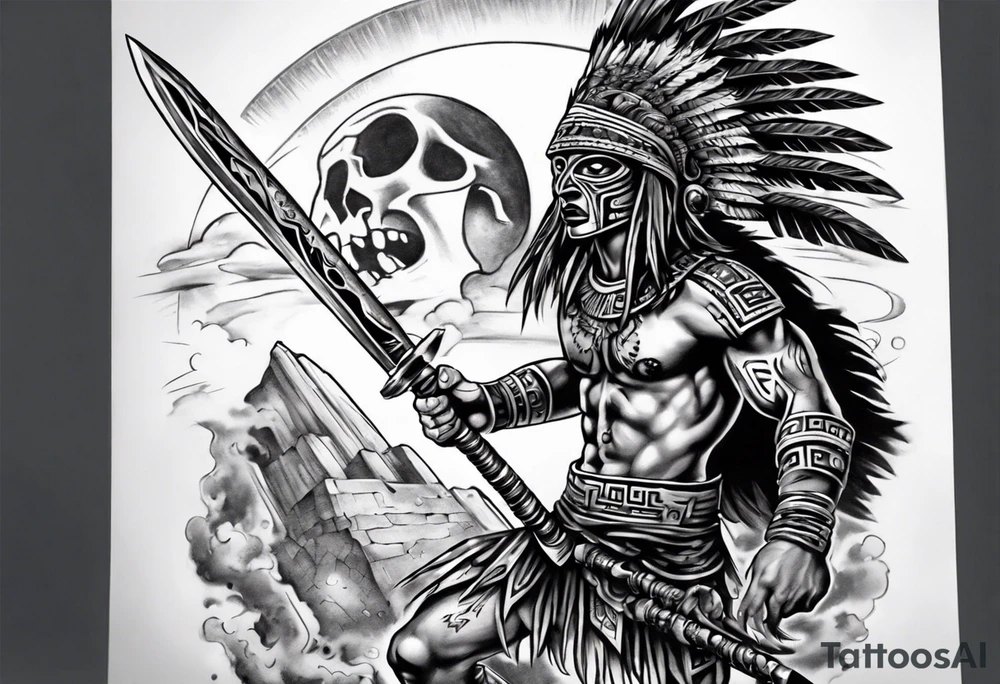 aztec warrior with a spiked obsidian sword fighting against the god of death at night with moonlight skys tattoo idea