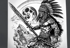 aztec warrior with a spiked obsidian sword fighting against the god of death at night with moonlight skys tattoo idea
